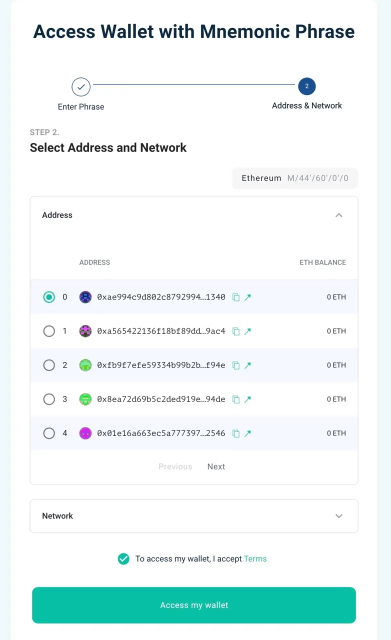 Select MEW wallet address and network