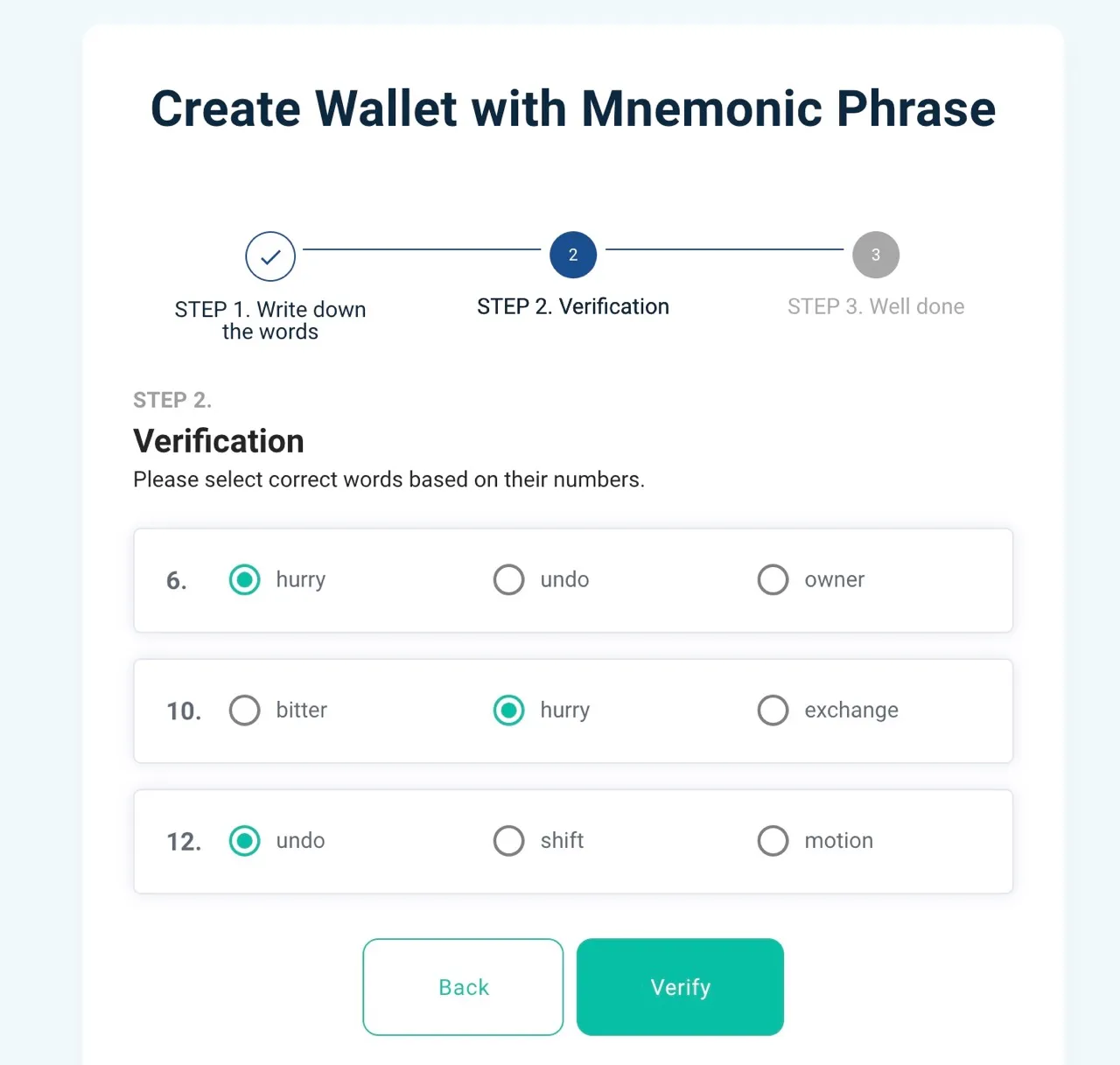 MEW Wallet Seed Phrase confirm